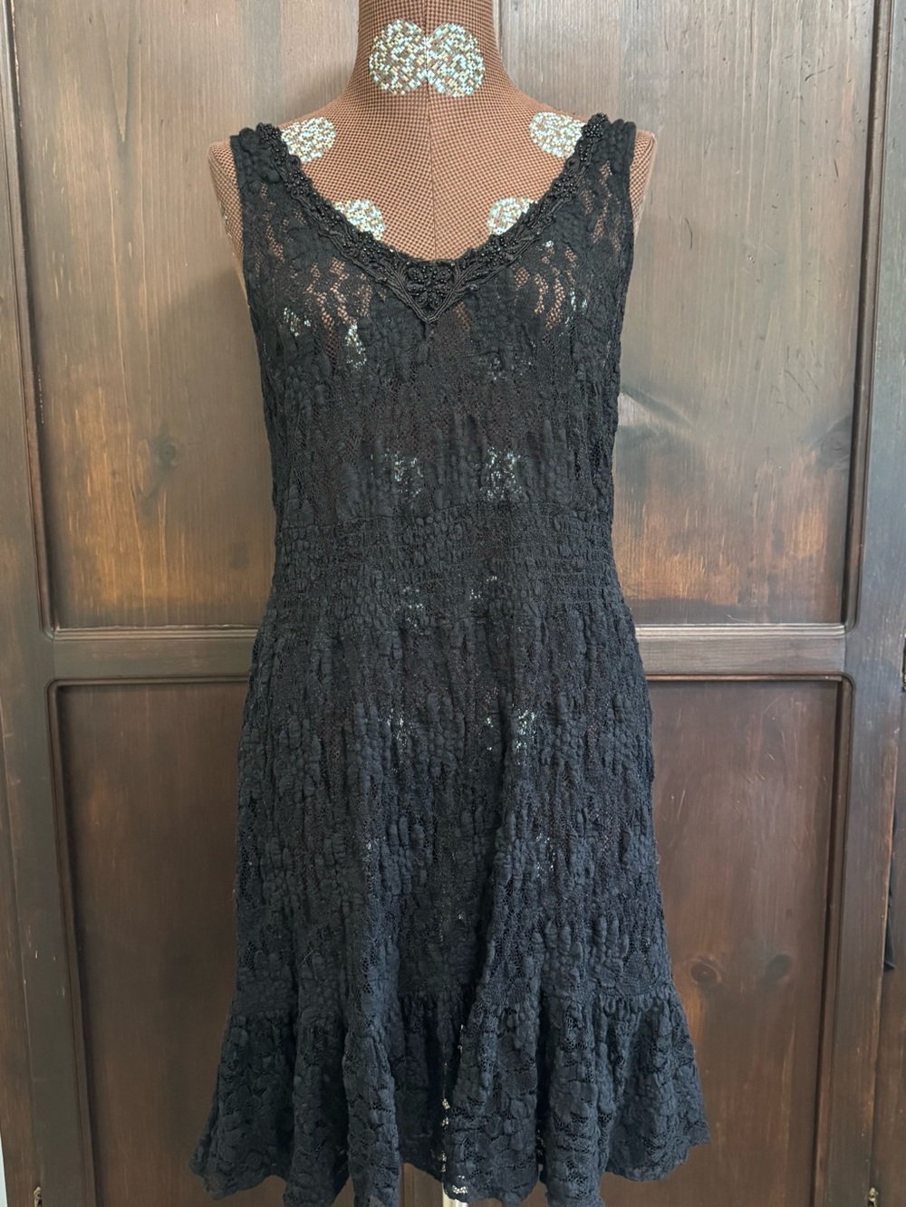 Free People Black Lace Tiered Sleeveless Dress We the Free size Medium Boho
